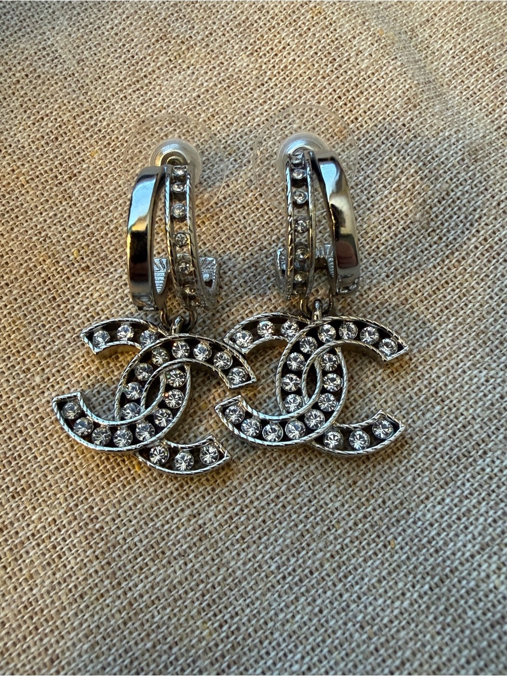Silver Crystal CC Logo Drop Earrings - Luxury Designer Style